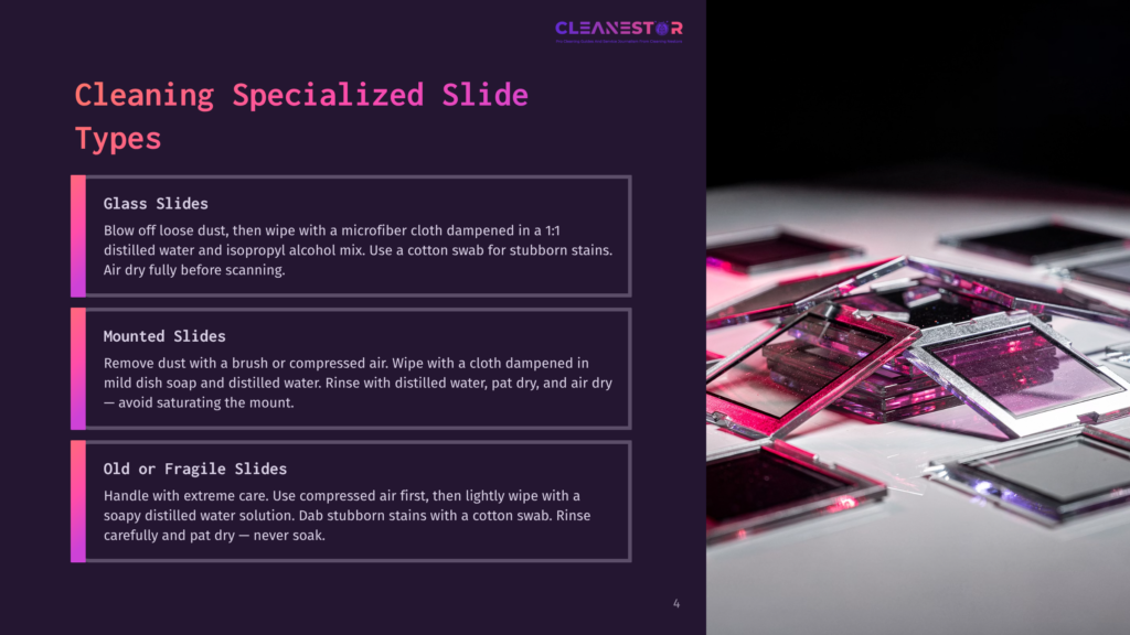 4 Cleaning Specialized Slide Types Close-Up Of Several Glass Slides, Some With Colorful Specimens, Arranged On A Dark Surface, Hinting At Microscopy And Laboratory Work.