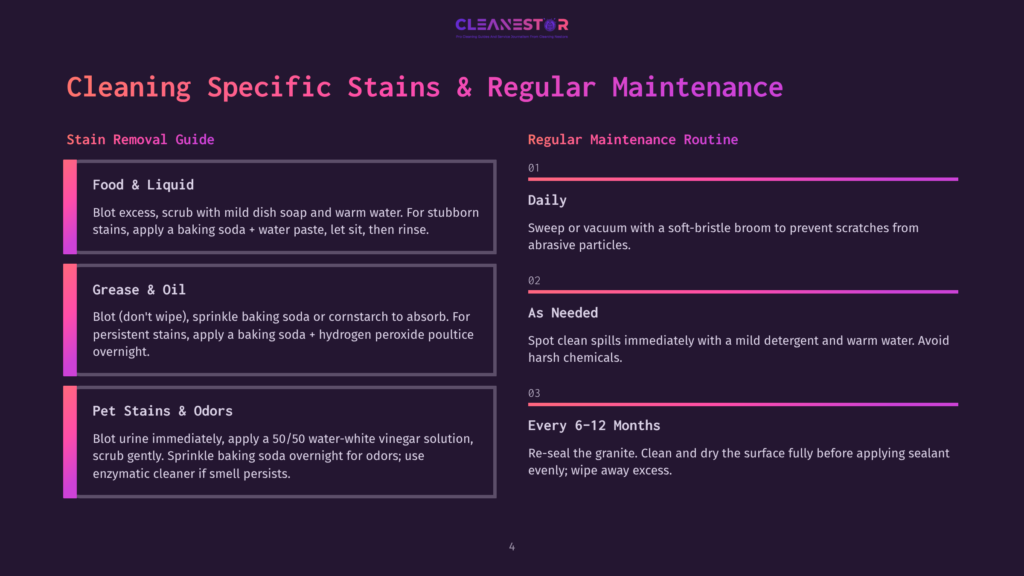 4 Cleaning Specific Stains And Regular Maintenance A Dark Purple Background With A Gradient From Pink To Purple At The Top. The Text &Quot;Cleanestor&Quot; Is At The Top Center. The Left Side Of The Image Has A Heading &Quot;Stain Removal Guide&Quot; With Sections For &Quot;Food &Amp; Liquid,&Quot; &Quot;Grease &Amp; Oil,&Quot; And &Quot;Pet Stains &Amp; Odors.&Quot; The Right Side Has A Heading &Quot;Regular Maintenance Routine&Quot; With Sections For &Quot;Daily,&Quot; &Quot;As Needed,&Quot; And &Quot;Every 6-12 Months.