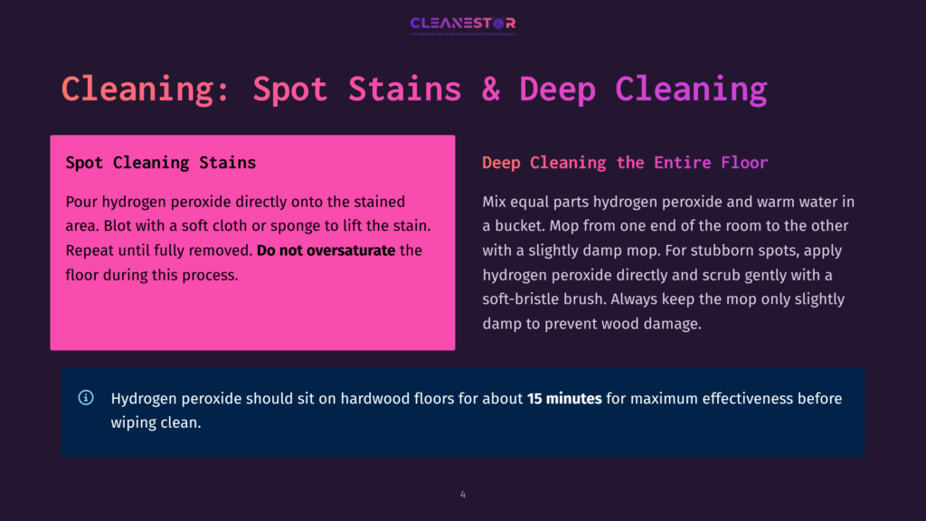 Image With Text: &Quot;Cleaning: Spot Stains &Amp; Deep Cleaning&Quot; Title. Left Side Details Spot Cleaning Steps With Hydrogen Peroxide, Right Side Describes Deep Cleaning Hardwood Floors With Hydrogen Peroxide. Bottom Section Provides A Warning About Leaving Hydrogen Peroxide On Floors For 15 Minutes.