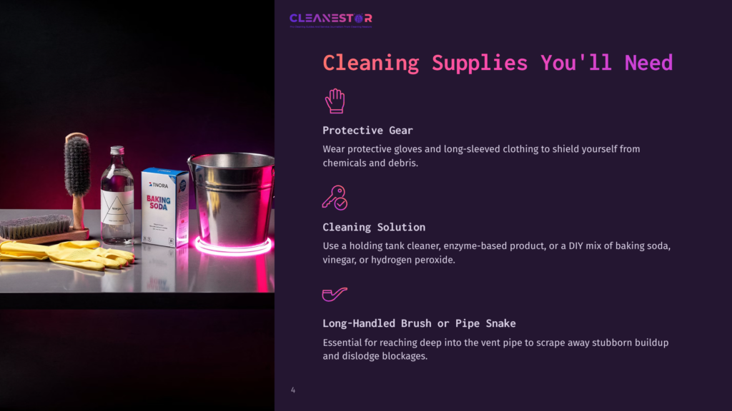 4 Cleaning Supplies Youll Need 1 A Cleaning Supplies Setup For A Diy Drain Cleaning, Featuring A Bottle Of Vinegar, Baking Soda, Rubber Gloves, A Scrub Brush, And A Metal Bucket With A Neon Pink Glow.