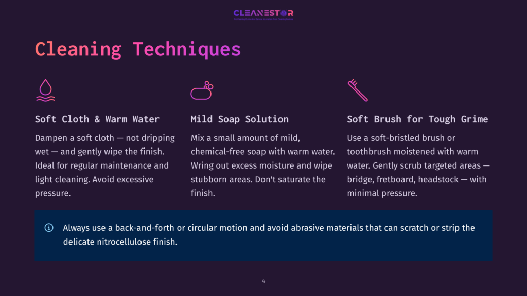 Infographic Detailing Guitar Cleaning Techniques: Soft Cloth &Amp; Warm Water, Mild Soap Solution, And Soft Brush For Tough Grime. Text Includes &Quot;Cleaning Techniques&Quot; And Cleaning Tips.