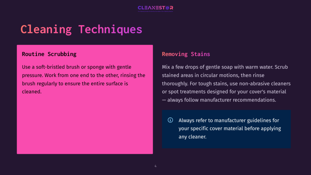 Diagram Detailing Cleaning Techniques For Covers: Routine Scrubbing With A Soft Brush And Sponge, And Removing Stains With Gentle Soap And Warm Water, Advising To Follow Manufacturer Recommendations.