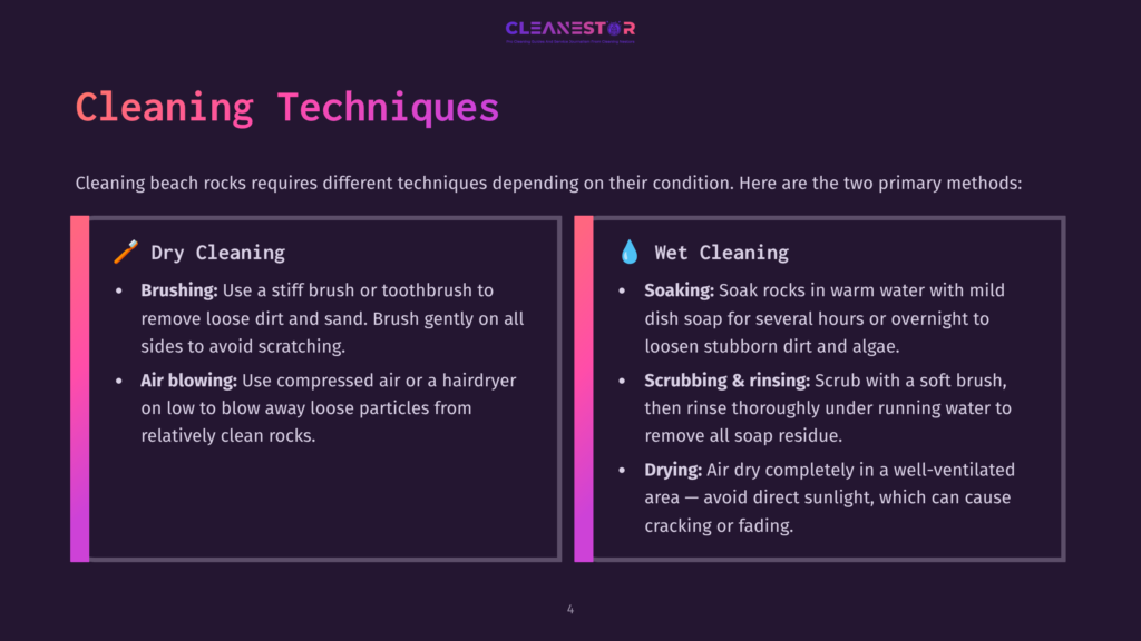 Infographic Comparing &Quot;Dry Cleaning&Quot; And &Quot;Wet Cleaning&Quot; Techniques For Beach Rocks, Detailing Steps Like Brushing, Soaking, And Scrubbing.