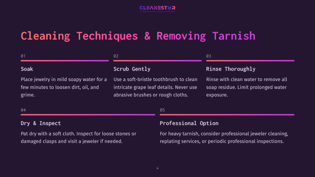 Infographic Detailing Jewelry Cleaning Techniques, Including Soaking, Gentle Scrubbing With A Toothbrush, Rinsing, And Drying, With A Professional Option For Tarnish Removal.