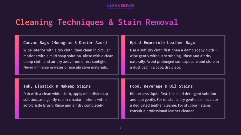 Infographic Detailing Cleaning Techniques For Canvas Bags, Ink/Lipstick/Makeup Stains, And Epi &Amp; Empreinte Leather Bags, Along With Food/Beverage/Oil Stain Removal.