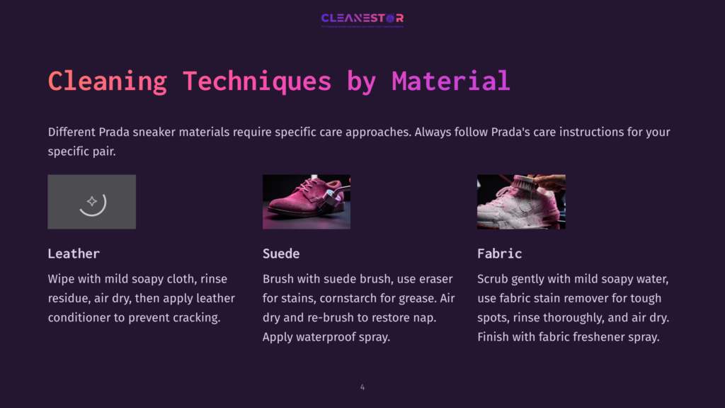 Prada Sneaker Cleaning Techniques For Leather, Suede, And Fabric: A Visual Guide Showing A Leather Care Icon, Pink Suede Sneakers, And A White Fabric Sneaker. Includes Text &Quot;Cleaning Techniques By Material&Quot;.