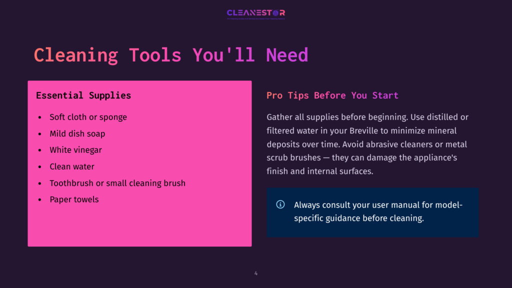 Slide With Title &Quot;Cleaning Tools You&Amp;Apos;Ll Need&Quot; And &Quot;Essential Supplies&Quot; List: Soft Cloth, Mild Dish Soap, White Vinegar, Clean Water, Toothbrush, Paper Towels. Pro Tips Section Advises Using Distilled Water And Avoiding Abrasive Cleaners.