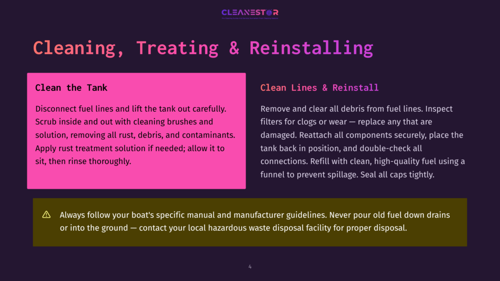 4 Cleaning Treating And Reinstalling Infographic Detailing How To Clean, Treat, And Reinstall A Boat'S Fuel Tank, With Steps For Cleaning The Tank And Fuel Lines.