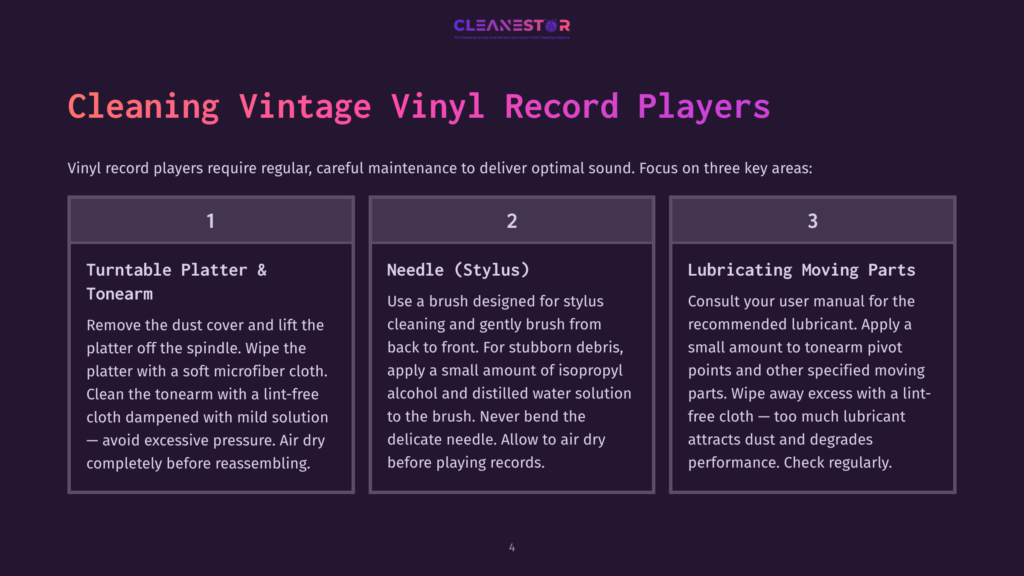 4 Cleaning Vintage Vinyl Record Players 1 Infographic With Three Numbered Sections: 1. Turntable Platter &Amp; Tonearm Cleaning Tips. 2. Needle (Stylus) Cleaning Instructions. 3. Lubricating Moving Parts Guide. The Text Is On A Dark Purple Background With A Purple And Pink Gradient Header That Reads &Quot;Cleanestor Pro Cleaning Service. Smart Service. Smart Cleaning.