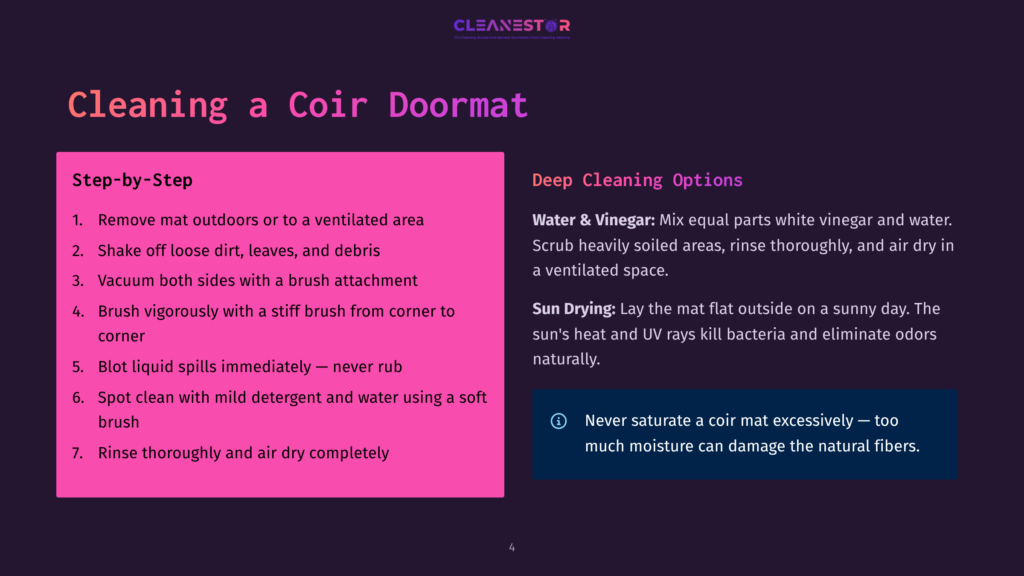 4 Cleaning A Coir Doormat Infographic Detailing How To Clean A Coir Doormat, With Step-By-Step Instructions And Deep Cleaning Options Including Water &Amp; Vinegar And Sun Drying.