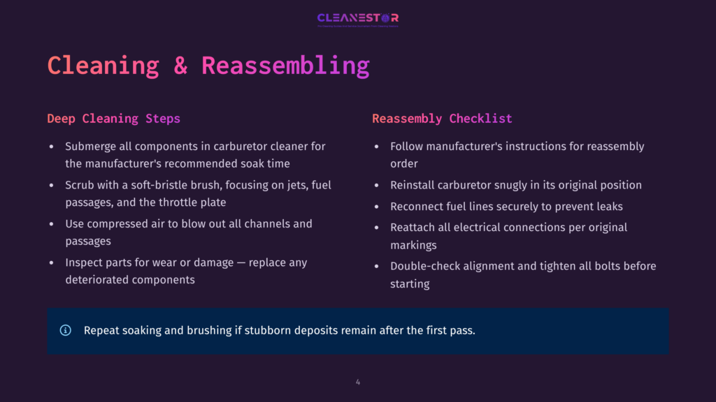 Cleaning And Reassembling Carburetor: Steps For Deep Cleaning, Including Submerging Parts, Scrubbing, And Inspecting. Reassembly Checklist Includes Following Manufacturer Instructions, Reconnecting Fuel Lines, And Checking Electrical Connections.