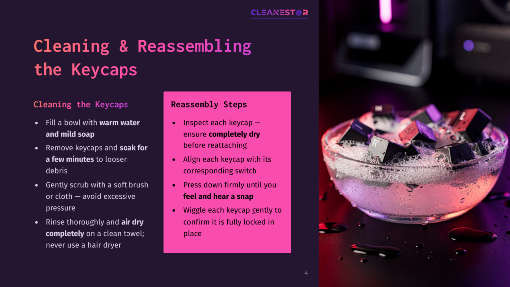 4 Cleaning And Reassembling The Keycaps A Clear Bowl Of Mechanical Keyboard Keycaps Is Submerged In Soapy Water, With A Pink Overlay Showing Instructions For Cleaning And Reassembling Keycaps.