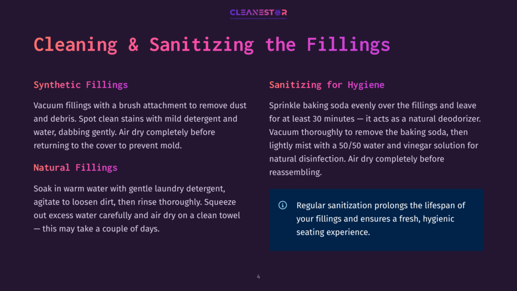 4 Cleaning And Sanitizing The Fillings Cleanestor Logo Above Text Detailing Cleaning And Sanitizing Fillings: Synthetic Fillings With Vacuuming And Spot Cleaning Instructions, And Natural Fillings With Soaking Instructions. Sanitizing For Hygiene Section Details Using Baking Soda And A Vinegar/Water Mist. Includes A Tip About Regular Sanitization Prolonging Lifespan.