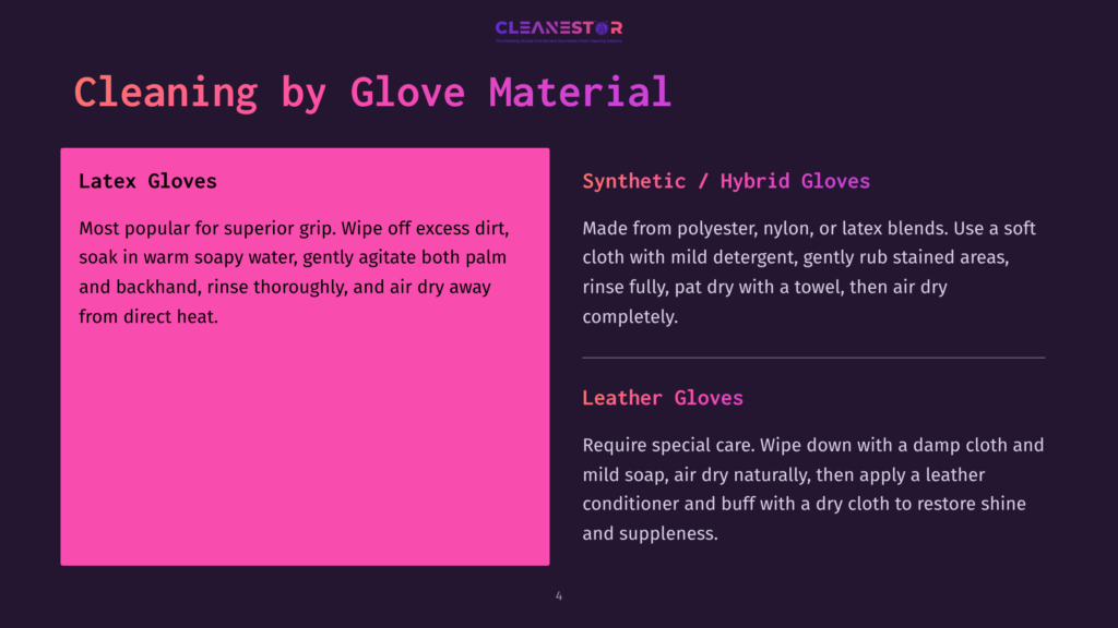 4 Cleaning By Glove Material Cleaning By Glove Material: Latex Gloves And Synthetic/Hybrid Gloves Cleaning Instructions, With Leather Gloves Cleaning Instructions Below.