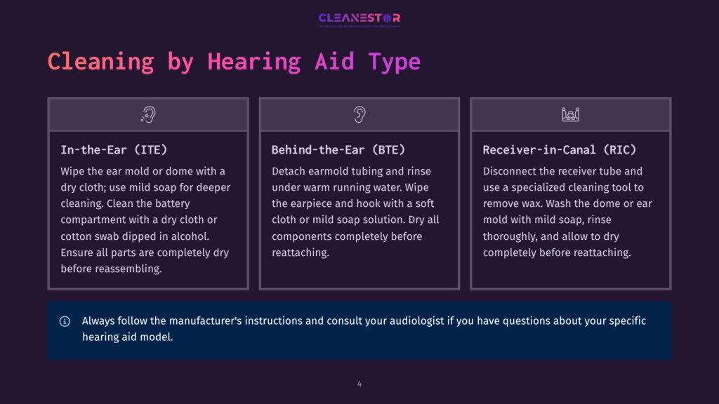 4 Cleaning By Hearing Aid Type Infographic Detailing How To Clean Different Types Of Hearing Aids: In-The-Ear (Ite), Behind-The-Ear (Bte), And Receiver-In-Canal (Ric). Includes Cleaning Instructions And A Warning To Follow Manufacturer Guidelines.