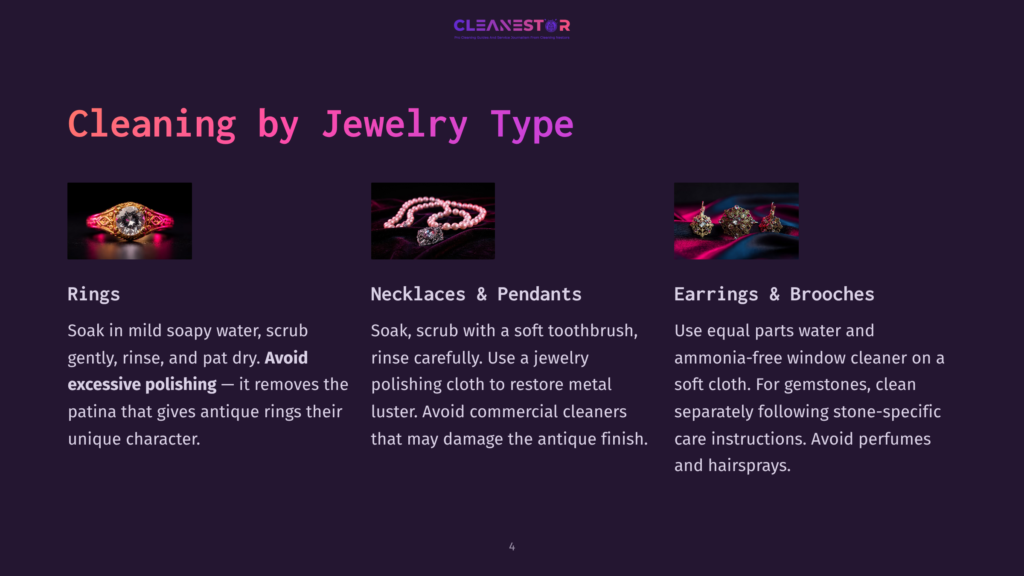 Image Showcasing Cleaning Tips For Jewelry: Rings, Necklaces &Amp; Pendants, And Earrings &Amp; Brooches. Text Includes Cleaning Advice For Each Jewelry Type.