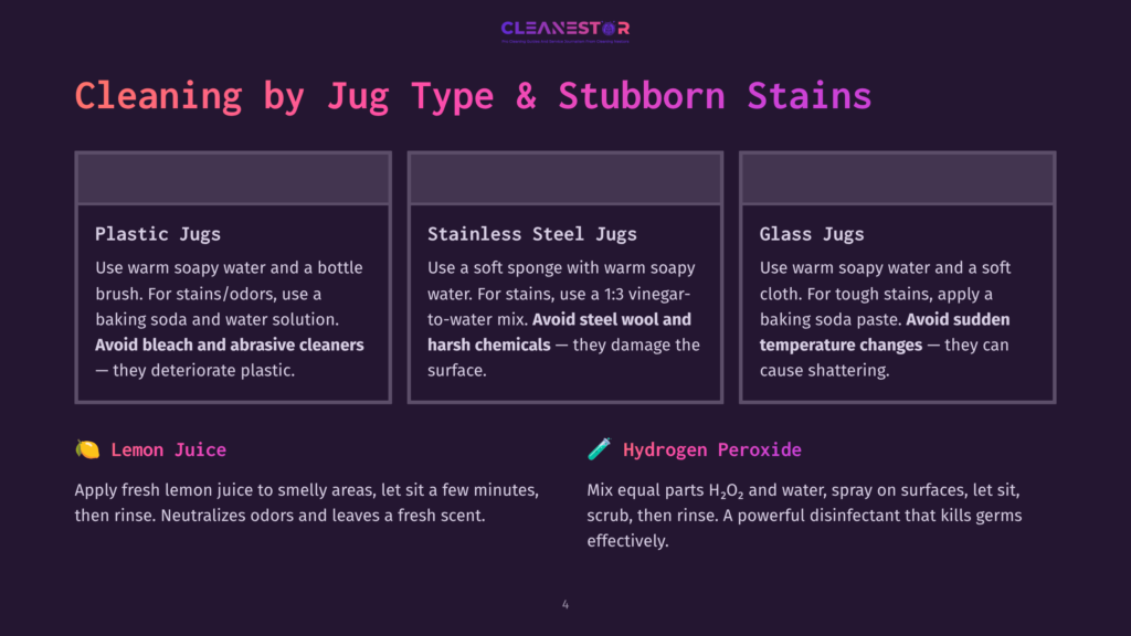 Infographic Detailing Cleaning Methods For Plastic, Stainless Steel, And Glass Jugs, With Tips For Stubborn Stains And Recommended Cleaning Agents Like Lemon Juice And Hydrogen Peroxide.