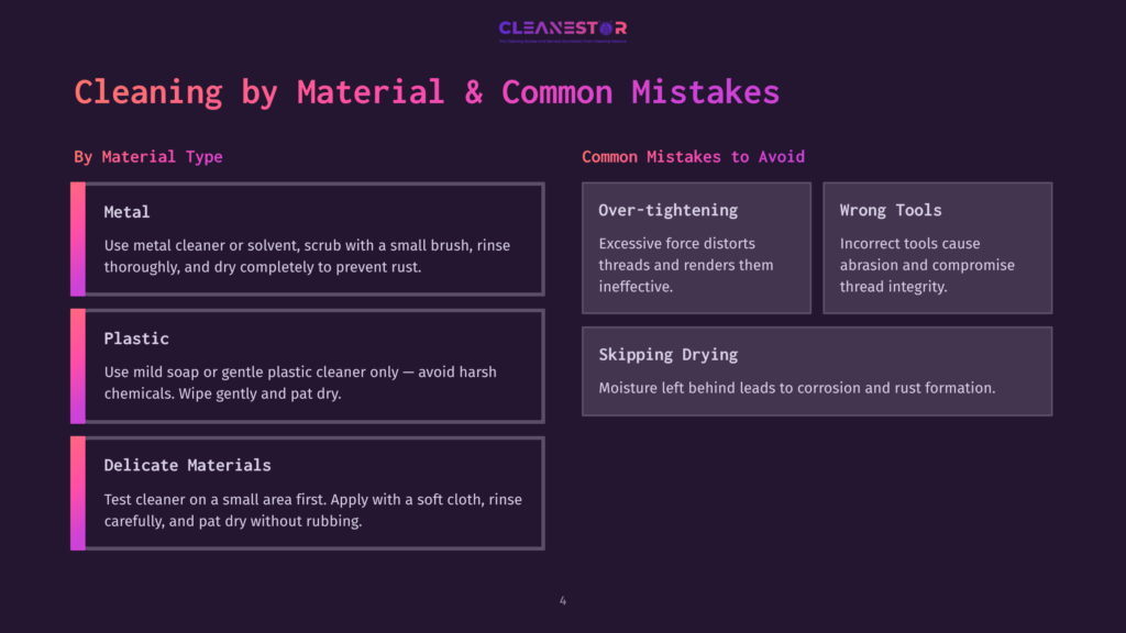 A Web Page Titled &Quot;Cleaning By Material &Amp; Common Mistakes&Quot; Displays Various Cleaning Tips In A Dark, Modern Design With Sections For Metals, Plastics, And Delicate Materials, Each Accompanied By A Small Icon And Brief Description.