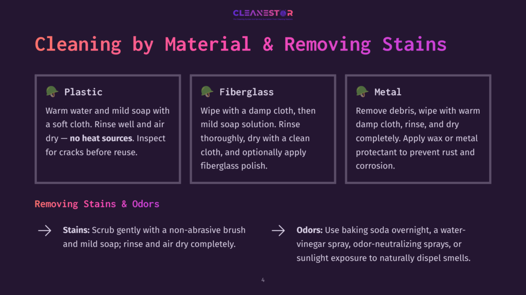 4 Cleaning By Material And Removing Stains An Infographic Titled &Quot;Cleaning By Material &Amp; Removing Stains&Quot; Displays Cleaning Instructions For Plastic, Fiberglass, And Metal. Each Material Has Its Own Section With Cleaning Tips, Such As Using Warm Water And Mild Soap For Plastic, A Damp Cloth For Fiberglass, And A Wax Or Metal Protectant For Metal.