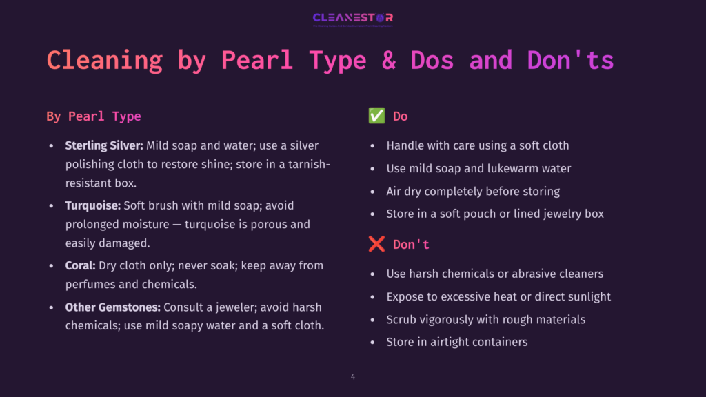 Infographic Detailing How To Clean Pearl Jewelry, With &Quot;Dos&Quot; Including Using Mild Soap And Soft Cloths, And &Quot;Don'Ts&Quot; Including Harsh Chemicals And Extreme Heat.