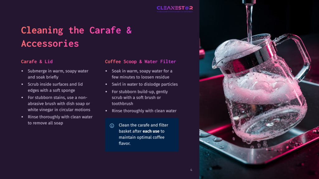 A Glass Coffee Carafe Is Being Rinsed With Foamy Water In A Sink, With Instructions For Cleaning Coffee Makers And Carafes Displayed On The Left.