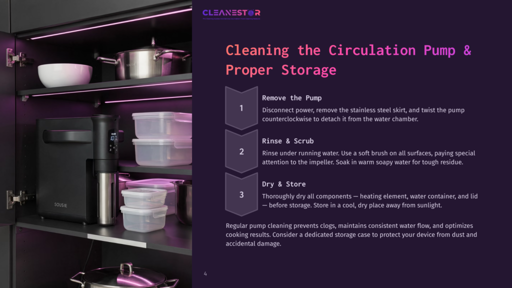 Cleanestor Product Display In A Modern Kitchen Cabinet, Featuring Sous Vide Cooker, Pots, And Storage Containers. Text Details Cleaning And Storage Instructions.