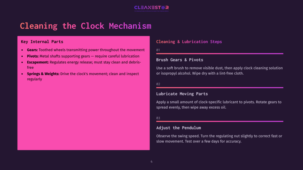 A Purple Background Displays A Guide On Cleaning A Clock Mechanism, With Text Detailing Key Internal Parts And Step-By-Step Instructions.
