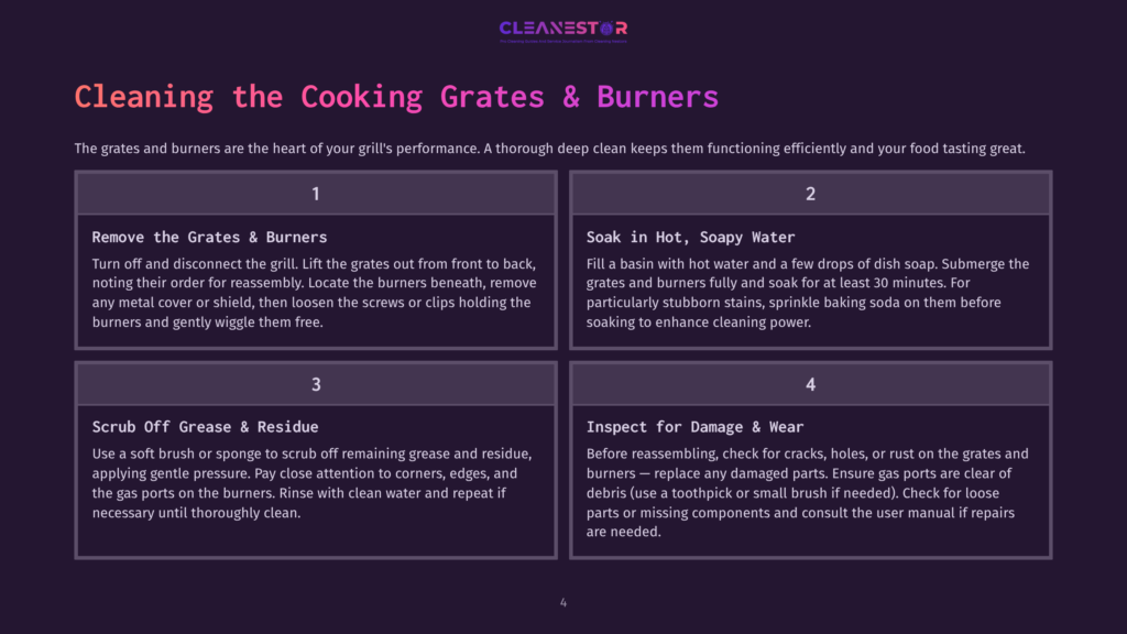 Diagram Detailing How To Clean Grill Grates And Burners, With Four Steps: Remove Grates &Amp; Burners, Soak In Hot, Soapy Water, Scrub Off Grease &Amp; Residue, And Inspect For Damage &Amp; Wear.