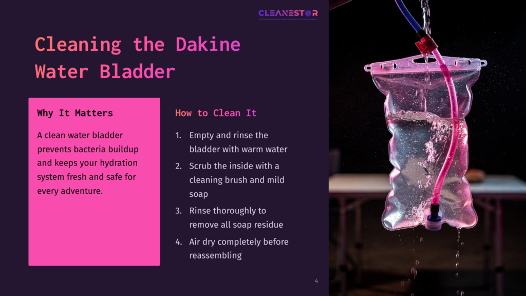 4 Cleaning The Dakine Water Bladder Dakine Water Bladder Being Cleaned With Water And Soap, Showing The Cleaning Process. Text On The Left Reads &Quot;Cleaning The Dakine Water Bladder&Quot; And &Quot;Why It Matters&Quot;.
