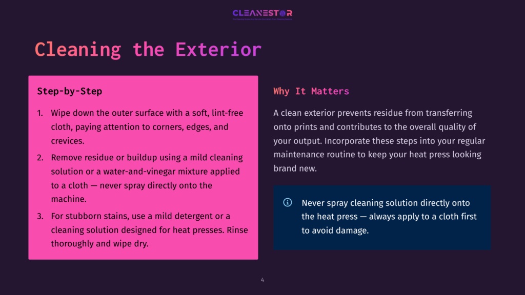 A Dark Purple Screen Displays Cleaning Instructions For A Heat Press. Text Includes &Quot;Cleanestor&Quot; Logo, &Quot;Cleaning The Exterior&Quot; Title, &Quot;Step-By-Step&Quot; Guide With Numbered Cleaning Steps, And &Quot;Why It Matters&Quot; Section With Tips For Residue Removal And Avoiding Damage.