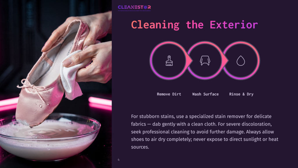 Close-Up Of A Pink Ballet Slipper Being Gently Cleaned With A White Cloth And Soapy Water, With A Graphic Illustrating Cleaning Steps: Wipe, Wash, Rinse &Amp; Dry.