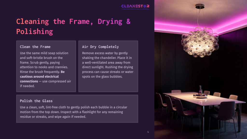 Cleanestor Chandelier Cleaning Guide: A Modern Dining Room With A Large, Bubble-Like Chandelier Illuminated By Purple Led Lights, Hanging Over A Marble-Topped Table With Chairs.