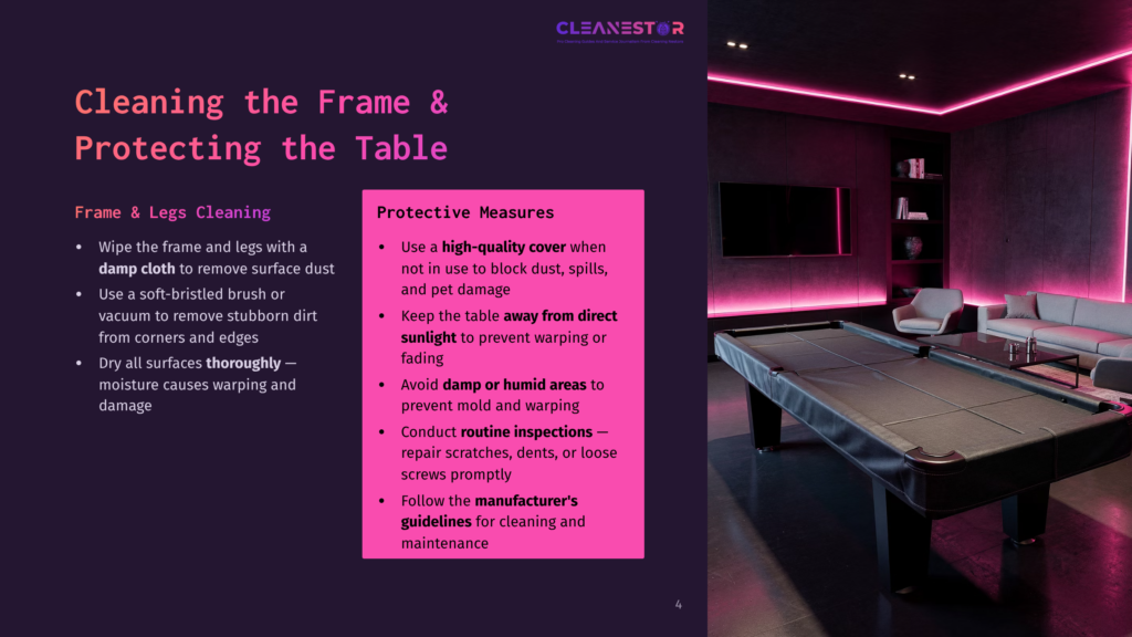 4 Cleaning The Frame And Protecting The Table A Modern, Dimly Lit Room With A Large, Black Pool Table As The Centerpiece. A Sleek Sofa And Armchairs Are Visible In The Background, With Neon Pink Lighting Accentuating The Space. The Image Also Displays Text About Cleaning And Protecting A Pool Table Frame And Legs.