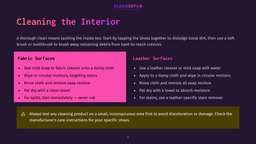 A Slide Titled &Quot;Cleaning The Interior&Quot; From A Presentation, Detailing Steps For Cleaning Fabric And Leather Surfaces Of Shoes, With A Warning At The Bottom.