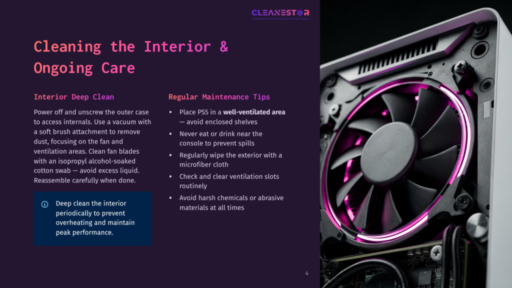 4 Cleaning The Interior And Ongoing Care Close-Up Of A Computer Fan With Pink Led Lights Illuminating The Blades, Set Against The Internal Components Of A Pc Case. Text Overlays Provide Cleaning Tips For Pc Interiors.
