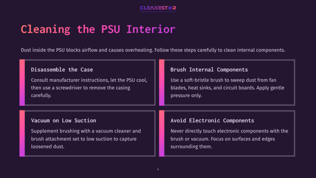 Infographic Titled &Quot;Cleaning The Psu Interior&Quot; With Four Sections: &Quot;Disassemble The Case,&Quot; &Quot;Brush Internal Components,&Quot; &Quot;Vacuum On Low Suction,&Quot; And &Quot;Avoid Electronic Components.