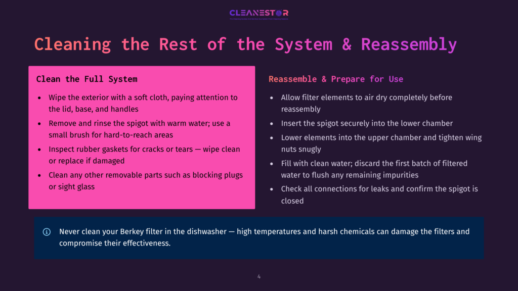 4 Cleaning The Rest Of The System And Reassembly A Presentation Slide Titled &Quot;Cleaning The Rest Of The System &Amp; Reassembly&Quot; From Cleanestor, Detailing Steps For Cleaning And Reassembling A Berkey Water Filter System.