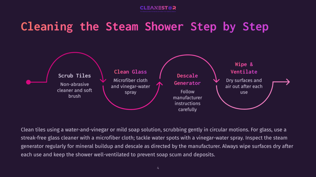 4 Cleaning The Steam Shower Step By Step Infographic Detailing The 5 Steps To Cleaning A Steam Shower: Scrub Tiles, Clean Glass, Descale Generator, Wipe &Amp; Ventilate. The Steps Are Illustrated With Icons And Accompanied By Descriptive Text.