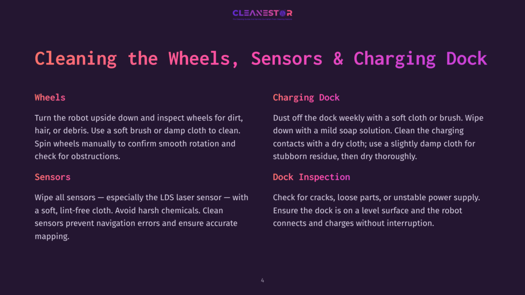 Cleanestor Logo Above Text Detailing How To Clean Robot Wheels, Sensors, And Charging Dock.