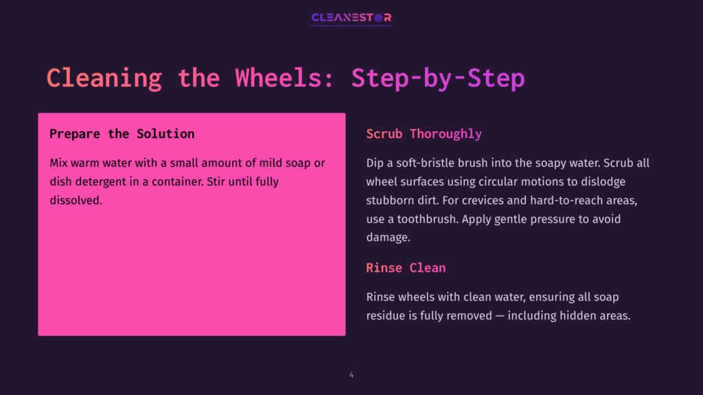 4 Cleaning The Wheels Step By Step Presentation Slide Titled &Quot;Cleaning The Wheels: Step-By-Step&Quot; With Instructions On Preparing A Cleaning Solution And Scrubbing Wheels With A Brush.