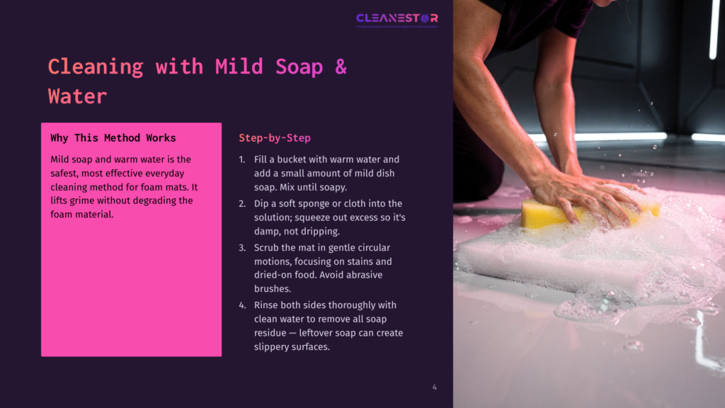 4 Cleaning With Mild Soap And Water Hands Scrub A White Foam Mat With A Yellow Sponge In Soapy Water, With Text &Quot;Cleaning With Mild Soap &Amp; Water&Quot; And &Quot;Step-By-Step&Quot; Visible.