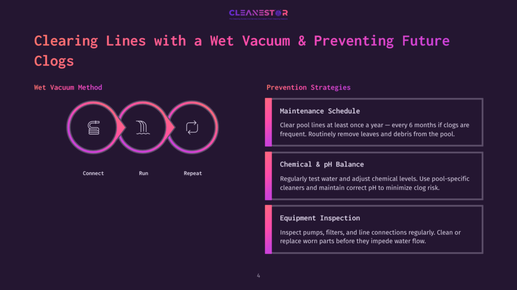 Diagram Illustrating &Quot;Clearing Lines With A Wet Vacuum &Amp; Preventing Future Clogs&Quot; By Cleanestor, Showing A Wet Vacuum Method With Icons For Connect, Run, And Repeat, Alongside Prevention Strategies Like Maintenance Schedule, Chemical &Amp; Ph Balance, And Equipment Inspection.