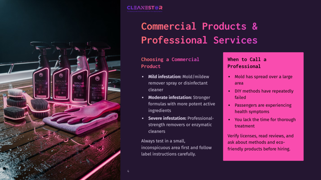 Four Bottles Of Mold Remover Spray And Cleaning Supplies Are Arranged On A Reflective Surface, With Pink Gloves And Brushes In The Foreground.