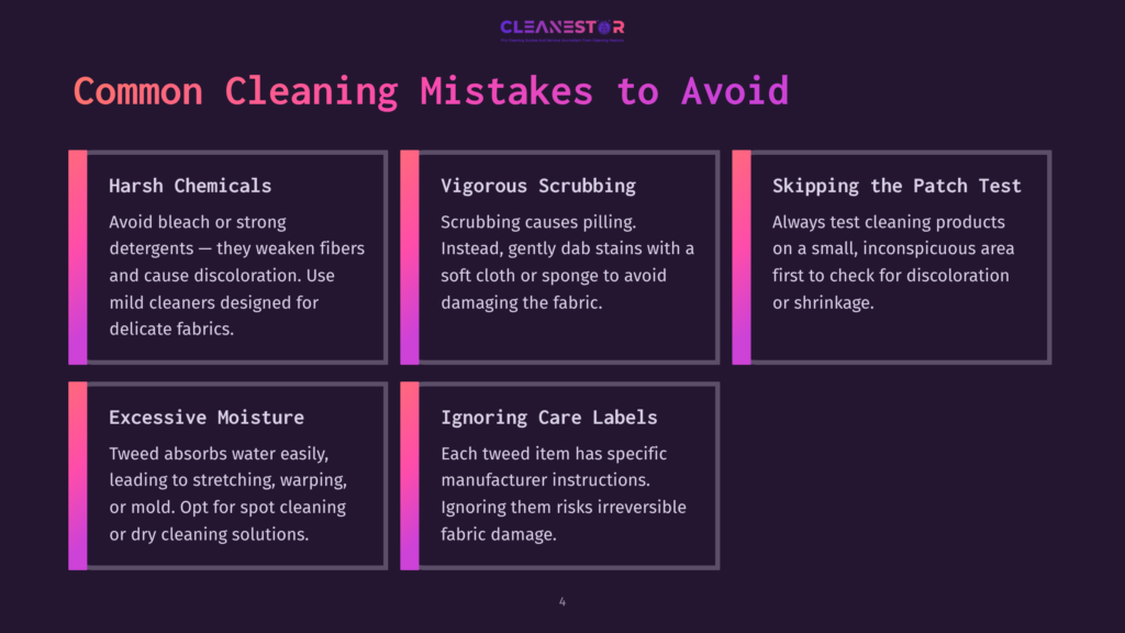 A Dark Purple Background Displays A Graphic With The Title &Quot;Common Cleaning Mistakes To Avoid.&Quot; Five Boxes Contain Text Describing Cleaning Errors: Harsh Chemicals, Vigorous Scrubbing, Skipping The Patch Test, Excessive Moisture, And Ignoring Care Labels.
