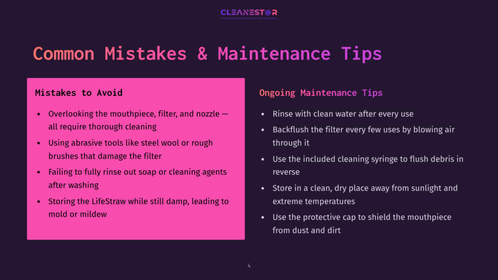 A Webpage Titled &Quot;Common Mistakes &Amp; Maintenance Tips&Quot; With Two Sections: Mistakes To Avoid And Ongoing Maintenance Tips. The Mistakes To Avoid Section Lists Errors Such As Overlooking The Mouthpiece, Filter, And Nozzle, And Using Abrasive Tools. The Ongoing Maintenance Tips Section Advises Rinsing With Clean Water, Backflushing The Filter, And Using A Cleaning Syringe.