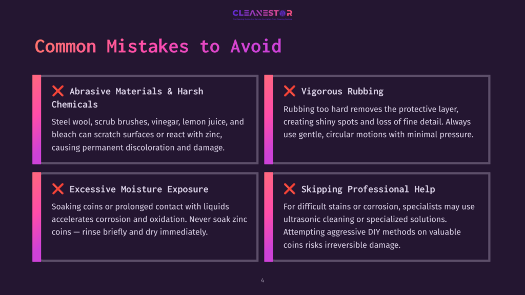 Infographic Titled &Quot;Common Mistakes To Avoid&Quot; Listing Four Common Mistakes When Cleaning Coins: Abrasive Materials &Amp; Harsh Chemicals, Vigorous Rubbing, Excessive Moisture Exposure, And Skipping Professional Help.