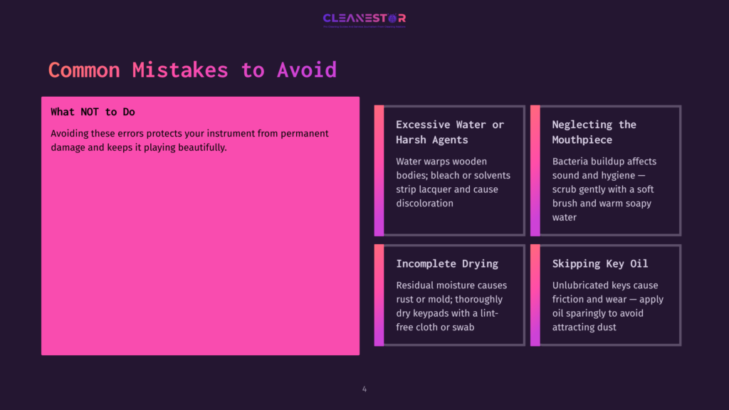 Infographic Titled &Quot;Common Mistakes To Avoid&Quot; With Sections On &Quot;What Not To Do&Quot;, &Quot;Excessive Water Or Harsh Agents&Quot;, &Quot;Neglecting The Mouthpiece&Quot;, &Quot;Incomplete Drying&Quot;, And &Quot;Skipping Key Oil&Quot;.