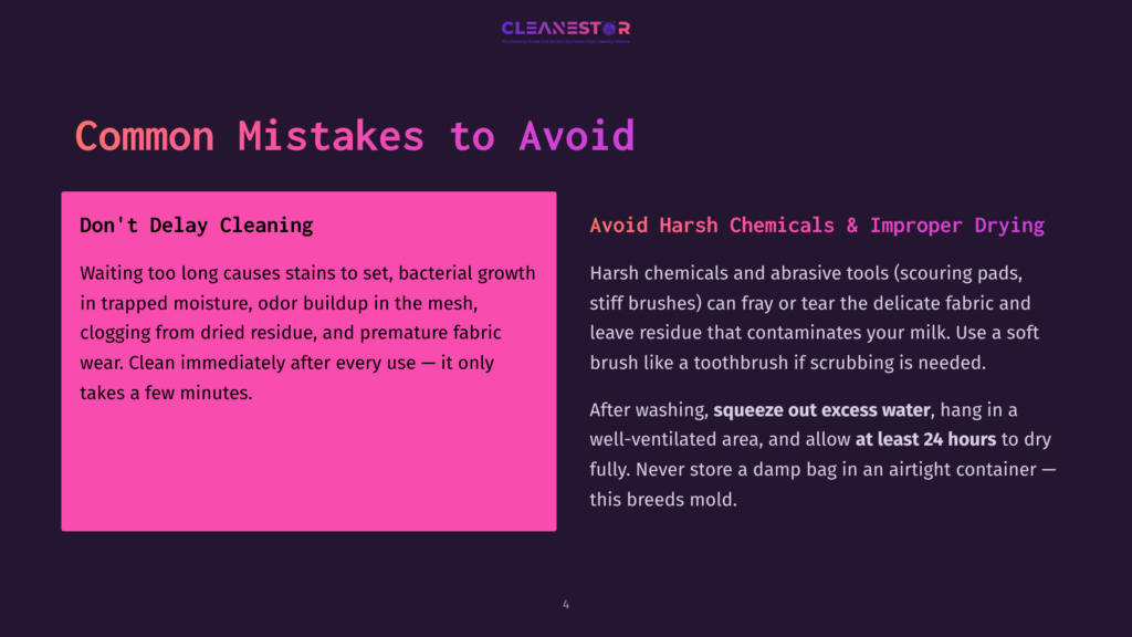 Slide 4 Of A Presentation Titled &Quot;Common Mistakes To Avoid,&Quot; Detailing &Quot;Don'T Delay Cleaning&Quot; And &Quot;Avoid Harsh Chemicals &Amp; Improper Drying.