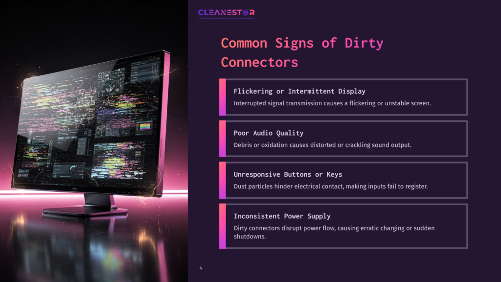 A Dark, Futuristic Monitor Displays Glitchy, Colorful Code With Neon Pink Light. To The Right, A Presentation Slide Lists &Quot;Common Signs Of Dirty Connectors&Quot;: Flickering Display, Poor Audio Quality, Unresponsive Buttons, And Inconsistent Power Supply.