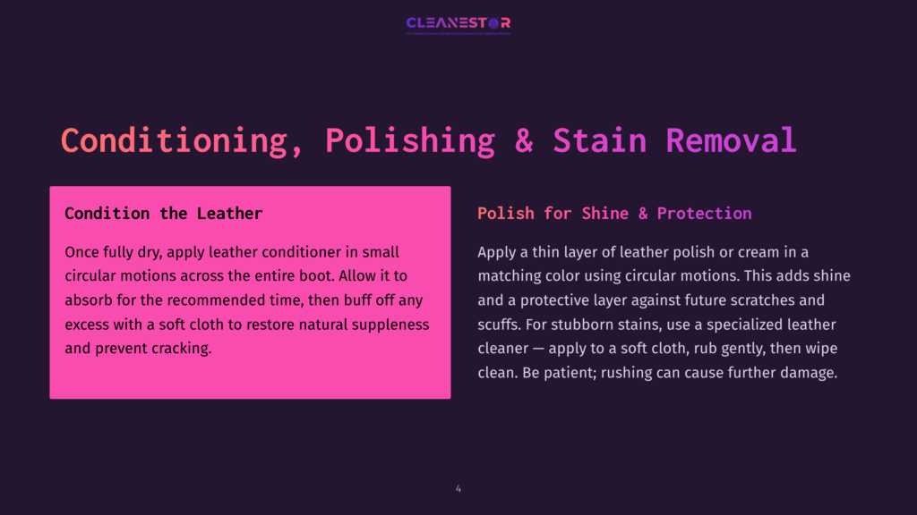Dark Background With Text About Conditioning, Polishing, And Stain Removal For Leather. Left Side Details Conditioning Steps For Leather Boots, Right Side Explains Applying Leather Polish For Shine And Protection.